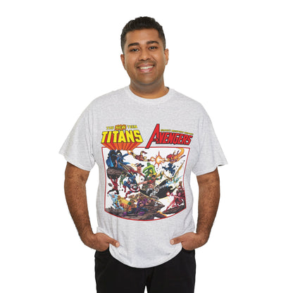 New Teen Titans Vs Avengers T-Shirt - George Perez Art - Hawkeye, Wonder Man, Raven, Starfire, Cyborg, Scarlet Witch, Wonder Girl - DC Comics & Marvel Comics