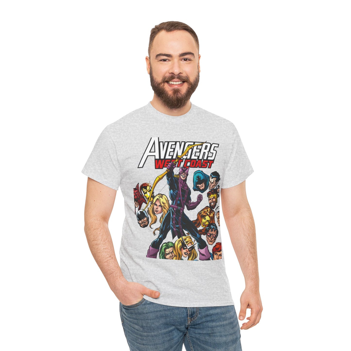 Avengers West Coast T-Shirt - Bob Hall Art - Hawkeye, Iron Man, Wonder Man, Tigra, Mockingbird - Marvel Comics Team