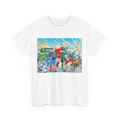 Justice League America/Europe T-Shirt - Dan Jurgens Art - Superman, Blue Beetle, Booster Gold, Green Lantern, Aquaman, Power Girl, Guy Gardner, Flash - DC Comics