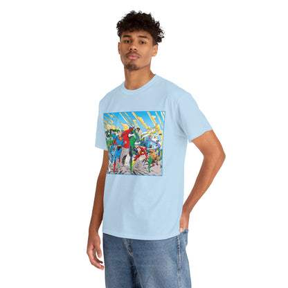 Justice League America/Europe T-Shirt - Dan Jurgens Art - Superman, Blue Beetle, Booster Gold, Green Lantern, Aquaman, Power Girl, Guy Gardner, Flash - DC Comics