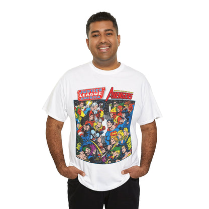 Justice League/Avengers T-Shirt - DC & Marvel Comics Art - George Perez - JLA - Batman, Captain America, Iron Man, Green Lantern