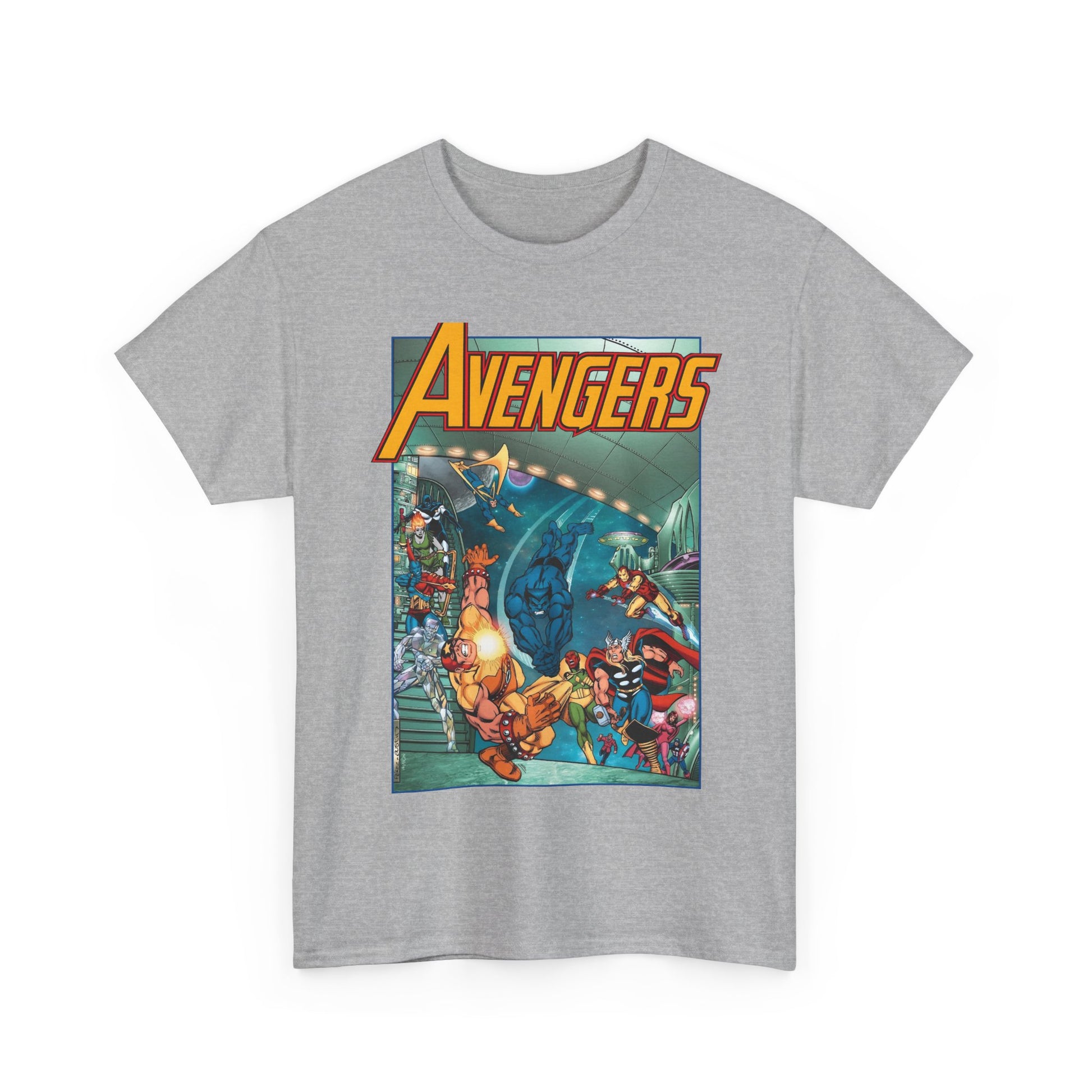 Gray t-shirt with Avengers graphic design on a white background