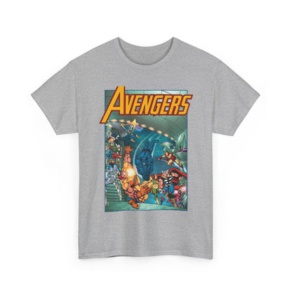 Gray t-shirt with Avengers graphic design on a white background