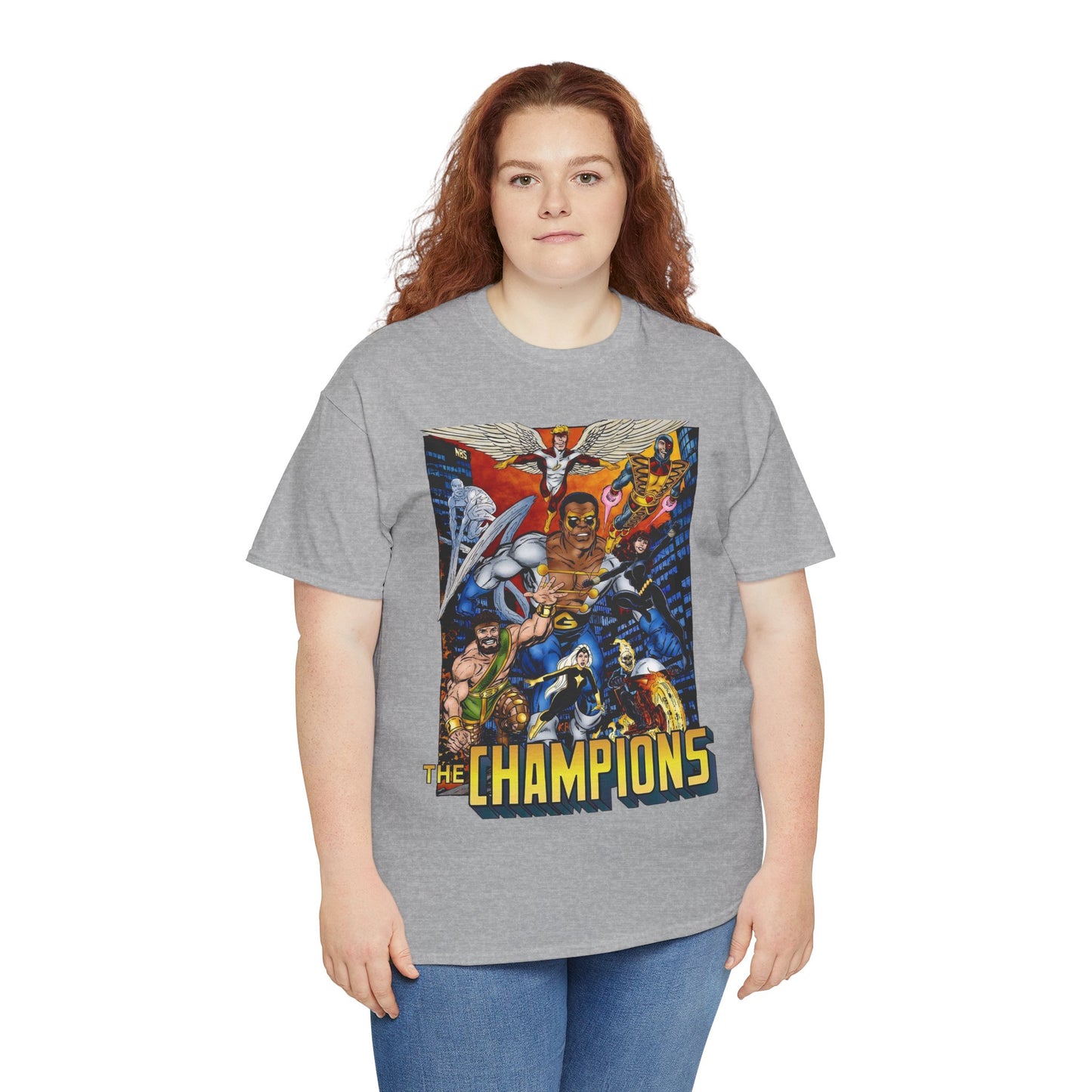 Champions T-Shirt - John Byrne Art - Hercules, Black Widow, Ghost Rider, Black Goliath, Silver Surfer, Jack of Hearts - Marvel Comics 1970s Series