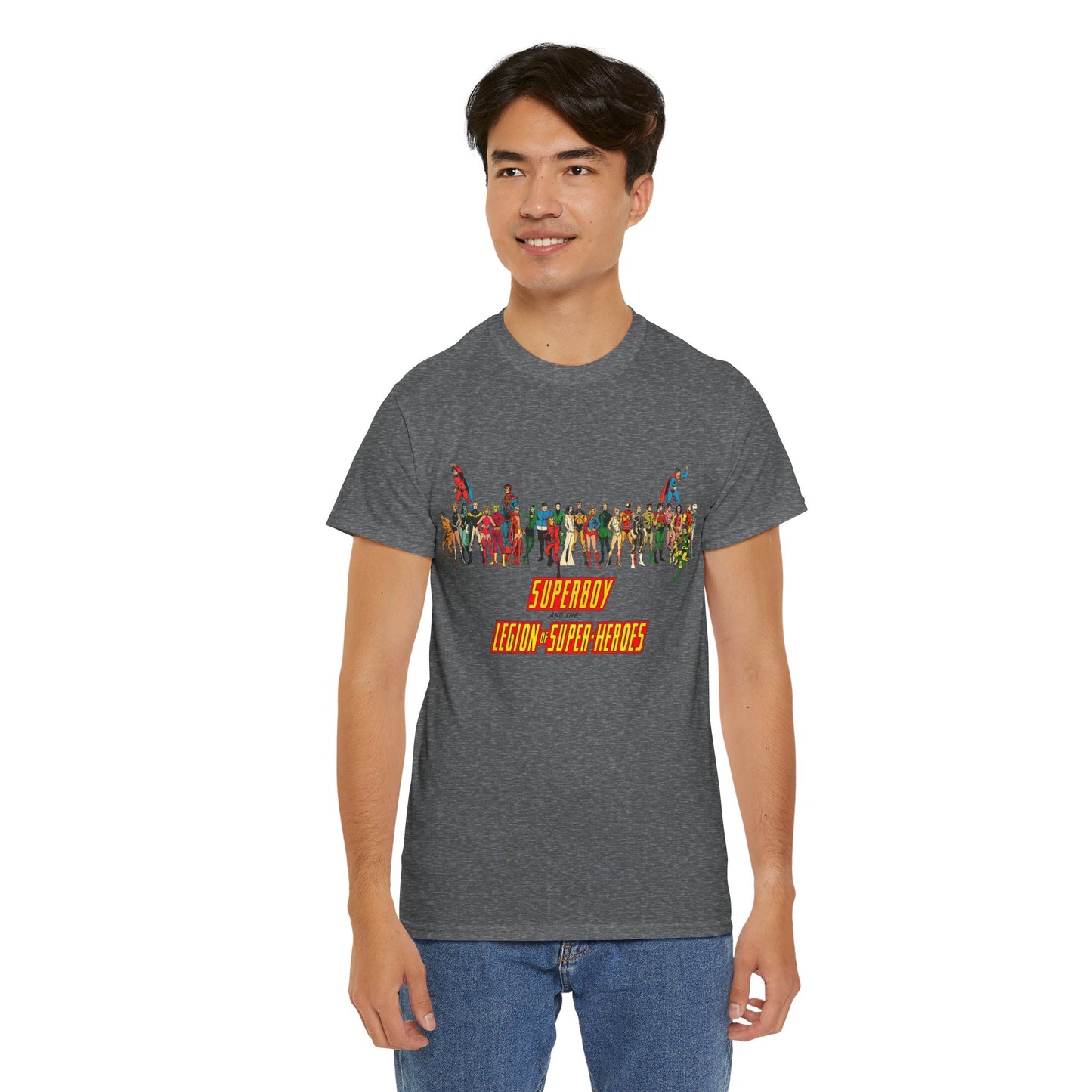 Superboy & Legion of Super-Heroes T-Shirt - 1970s DC Comics Art - Saturn Girl, Lightning Lad, Brainiac 5, Supergirl, Dawnstar, Mon-El, Bouncing Boy, Wildfire - LOSH