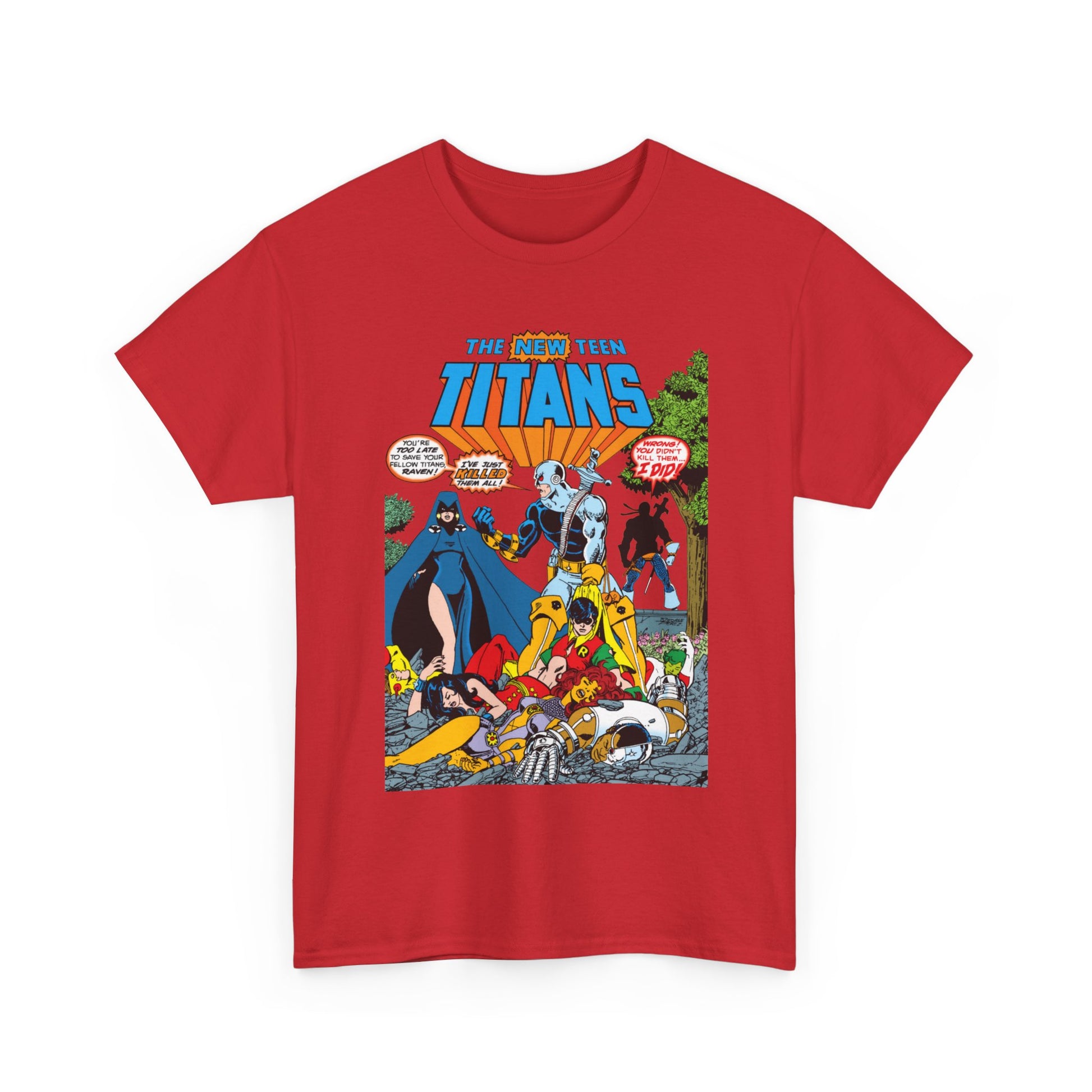 Red t-shirt with 'The New Teen Titans' graphic design by George Perez with Deathstroke and Raven.