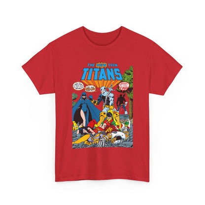 Red t-shirt with 'The New Teen Titans' graphic design by George Perez with Deathstroke and Raven.