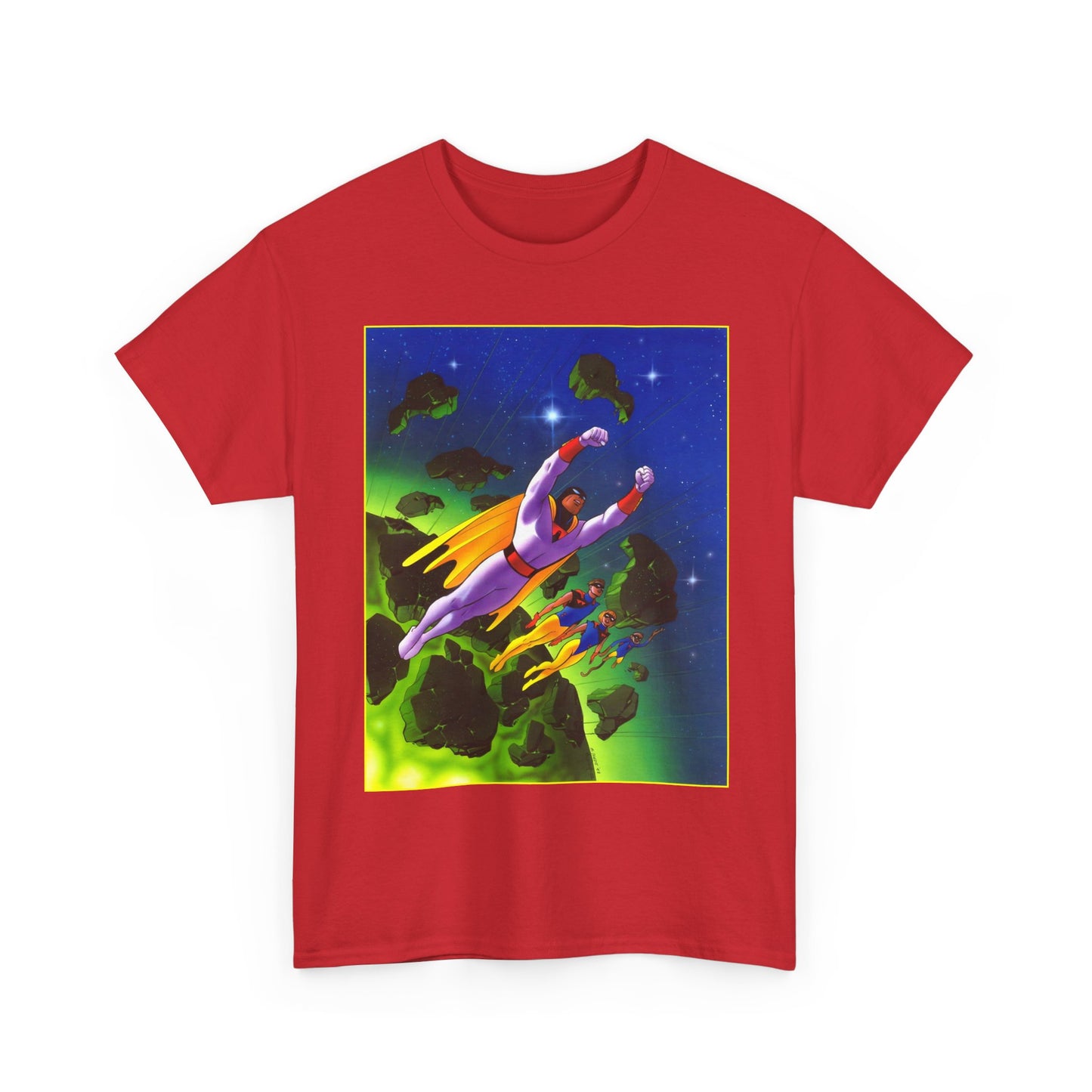Red t-shirt with a colorful graphic of Space Ghost flying through space.