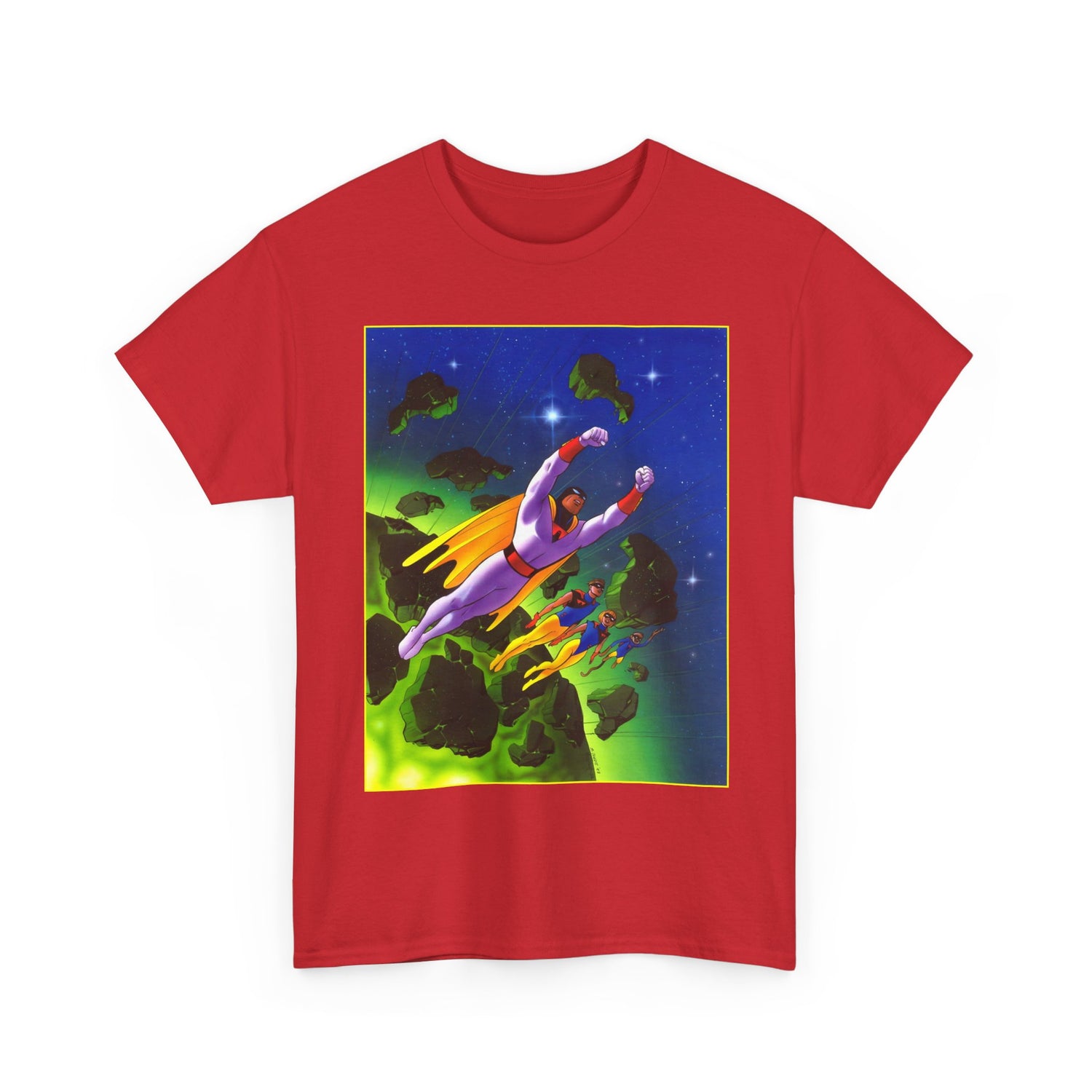 Red t-shirt with a colorful graphic of Space Ghost flying through space.