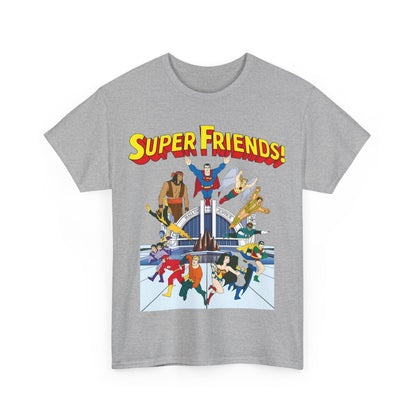 Super Friends T-Shirt - DC Hanna-Barbera - Superman, Wonder Woman, Black Vulcan, Batman, The Wonder Twins, Apache Chief, Hall of Justice