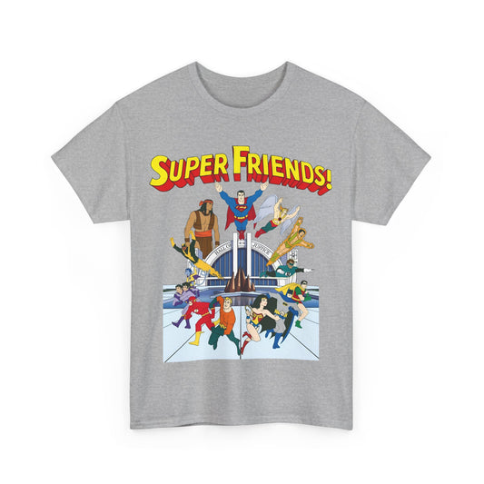 Super Friends T-Shirt - DC Hanna-Barbera - Superman, Wonder Woman, Black Vulcan, Batman, The Wonder Twins, Apache Chief, Hall of Justice