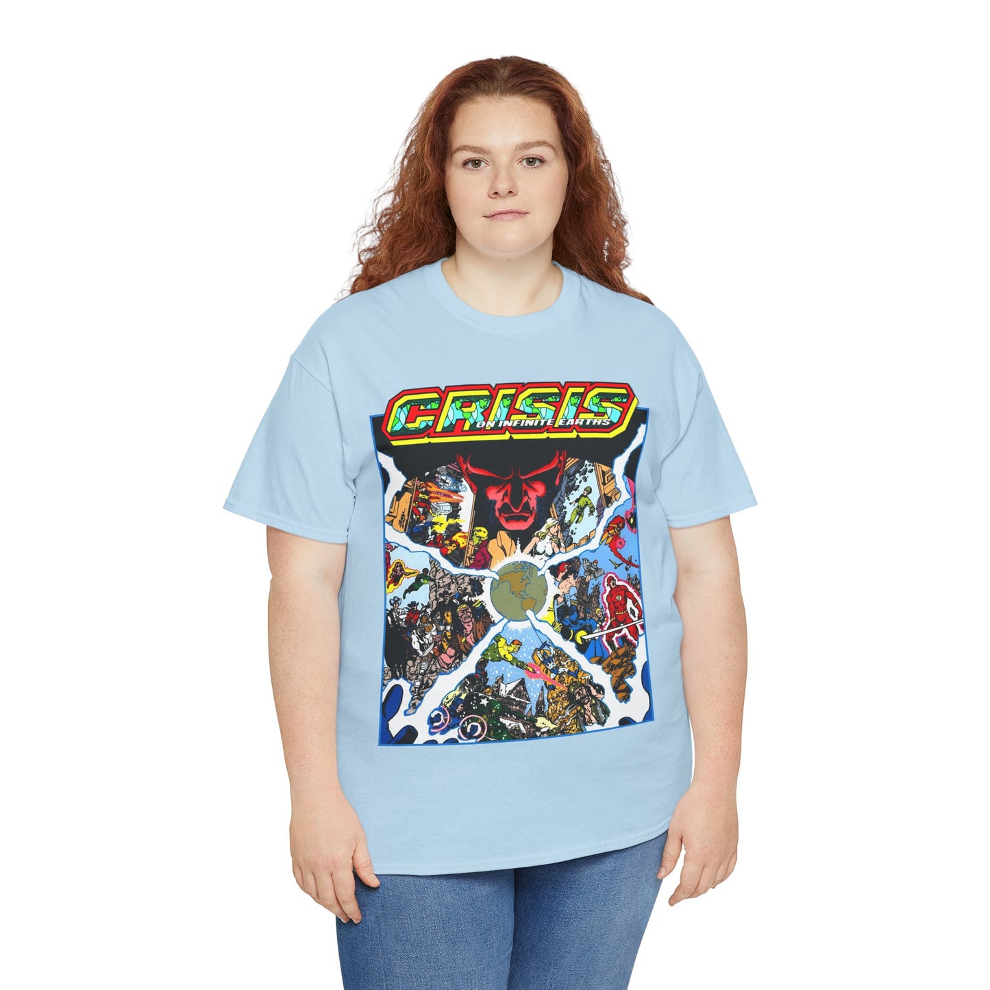 Crisis on Infinite Earths T-Shirt - George Perez Art - #3 Cover - Monitor, Flash, Starfire, Brainiac 5, Dream Girl - DC Comics