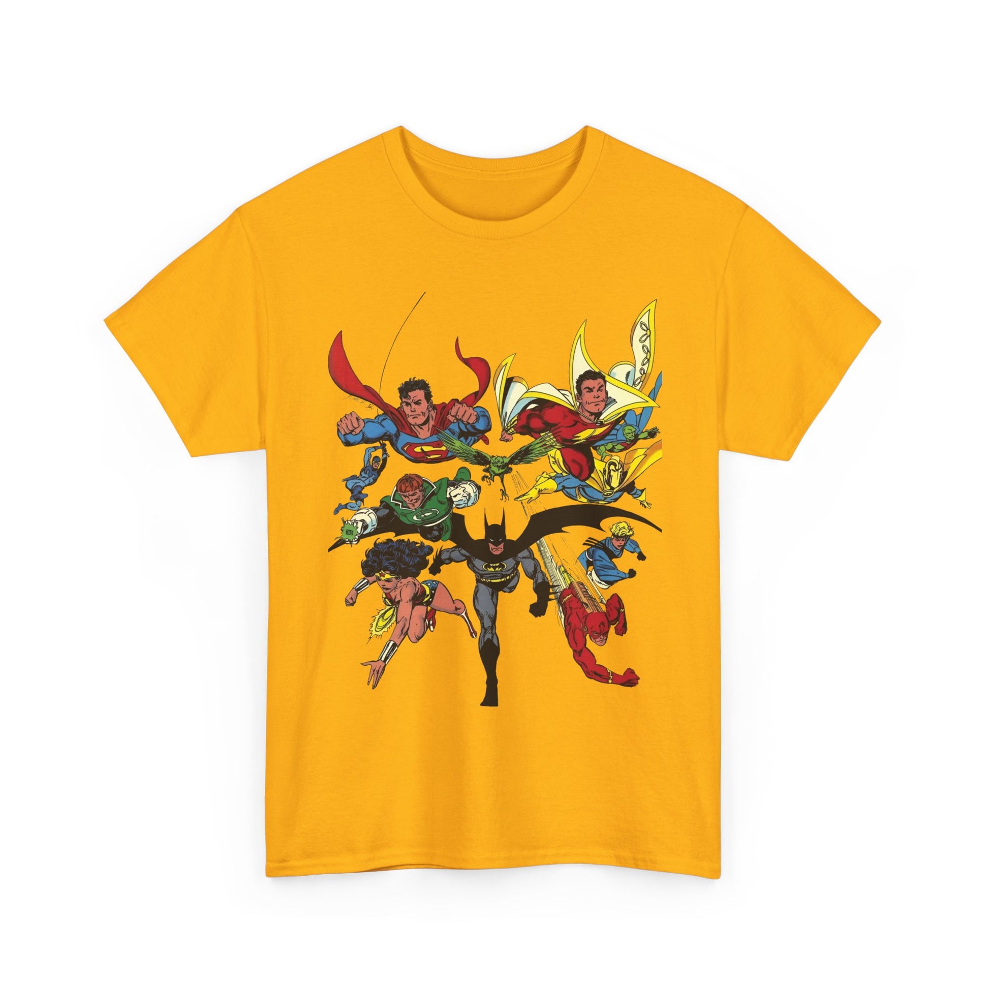 Yellow t-shirt with superhero graphic on a white background. The shirt features Superman, Wonder Woman, Batman, Flash, Blue Beetle, Dr Fate, and Captain Marvel. The greatest DC Comics superheroes