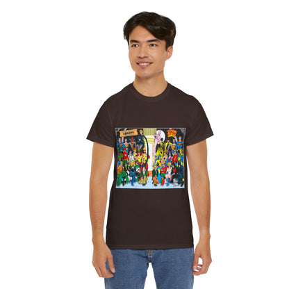 JLA & JSA T-Shirt - George Perez Art - Justice League, Society Team-up - Batman, Wildcat, Dr Fate, Hourman, Firestorm, Superman