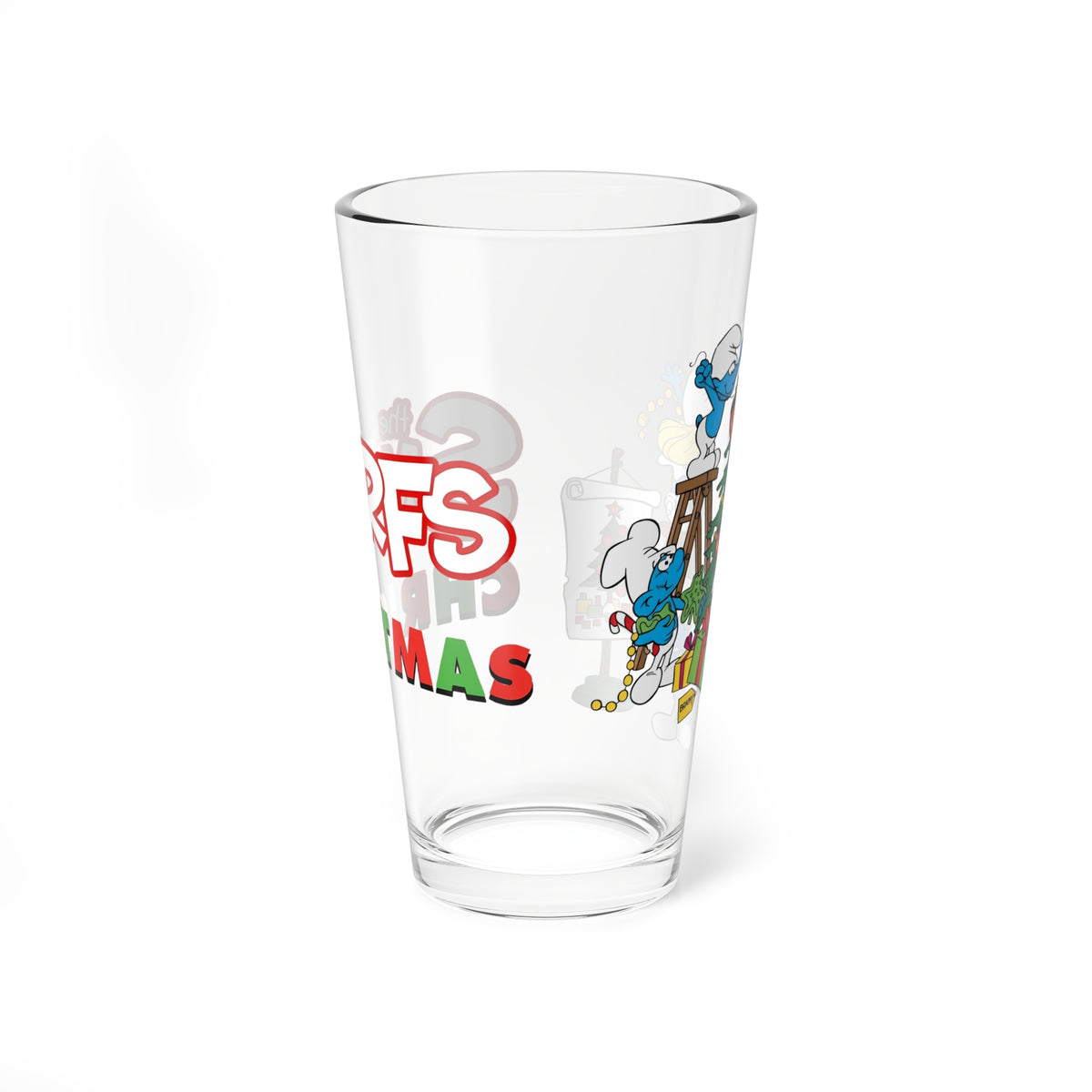 Smurfs Christmas Cartoon Pint Glass, 16oz Hanna-Barbera Smurfette Brainy Smurf Retro Festive Holiday Barware