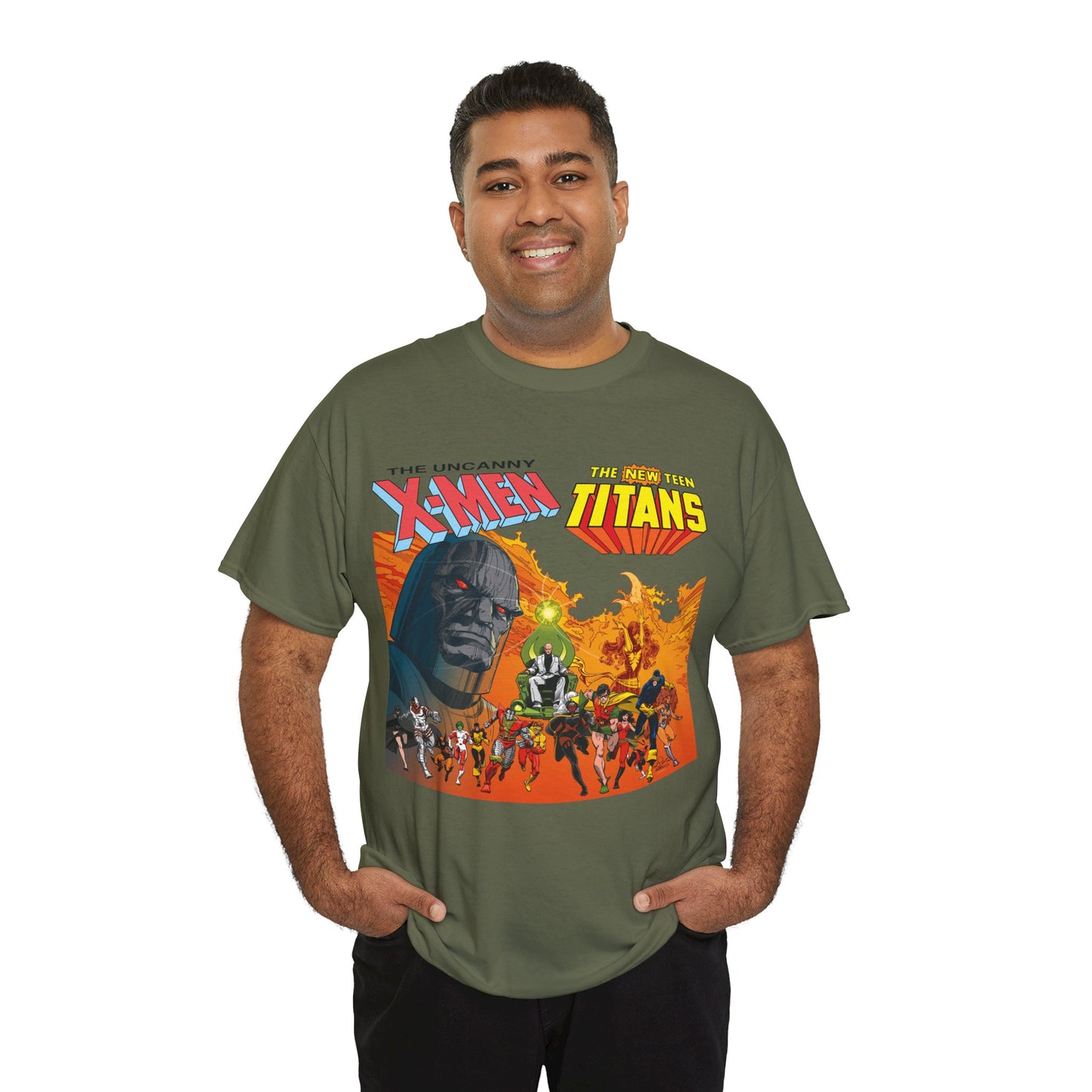 X-Men & New Teen Titans T-Shirt - Walt Simonson Art - Marvel & DC Comics Crossover - Wolverine, Raven, Storm, Cyclops, Robin, Cyborg, Colossus, Dark Phoenix, Darkseid