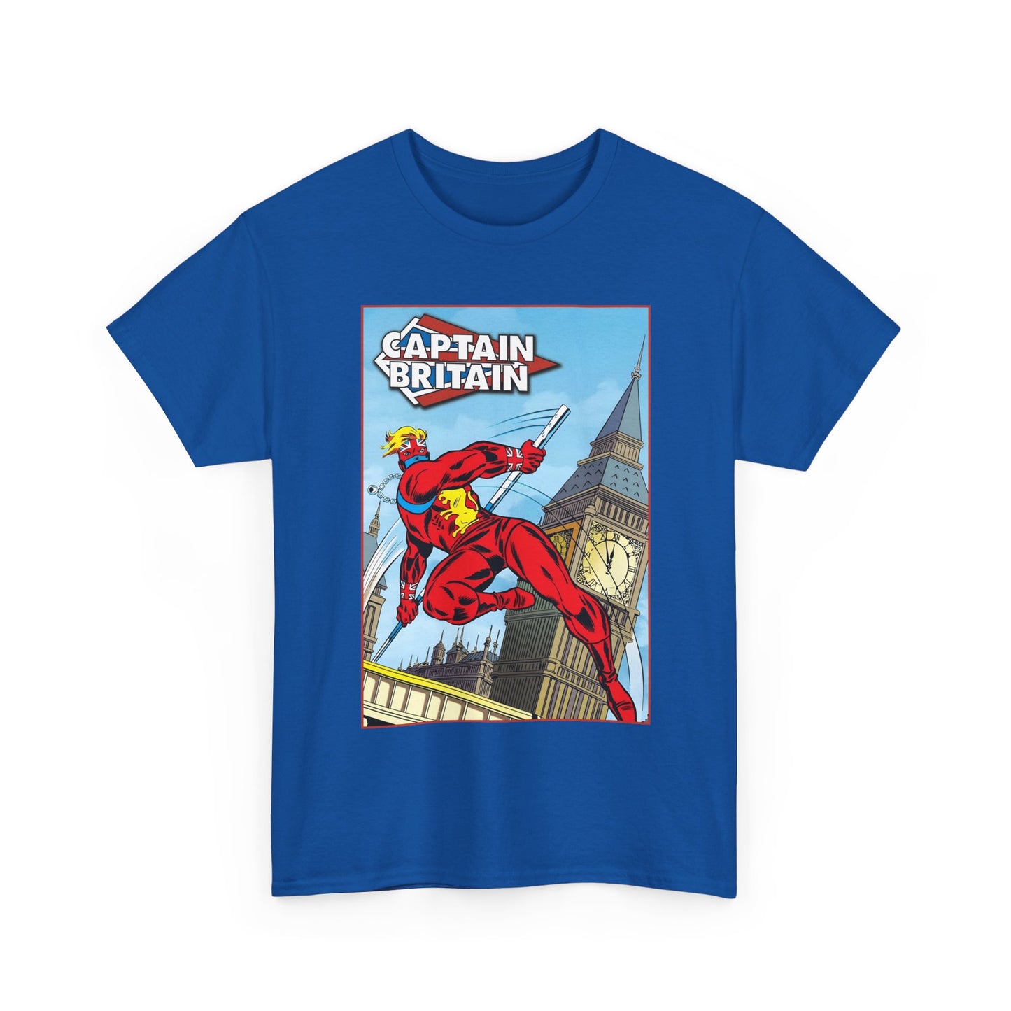 Blue t-shirt with Captain Britain graphic design featuring Big Ben on a white background