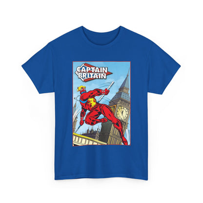 Blue t-shirt with Captain Britain graphic design featuring Big Ben on a white background