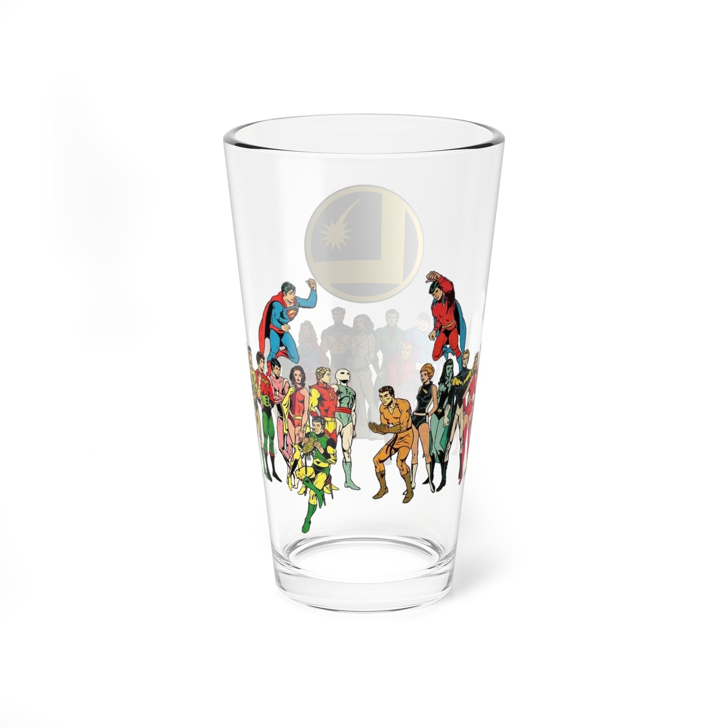 Legion of Super-Heroes Pint Glass, 16oz - Mike Grell DC Comics Art - Superboy, Saturn Girl, Cosmic Boy, Lightning Lad, Wildfire, Timber Wolf, Bouncing Boy, Supergirl