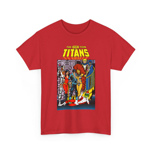 New Teen Titans T-Shirt - George Perez Art - Nightwing, Cyborg, Raven, Starfire, Wonder Girl, Changeling, Jericho - Titans Tower - DC Comics
