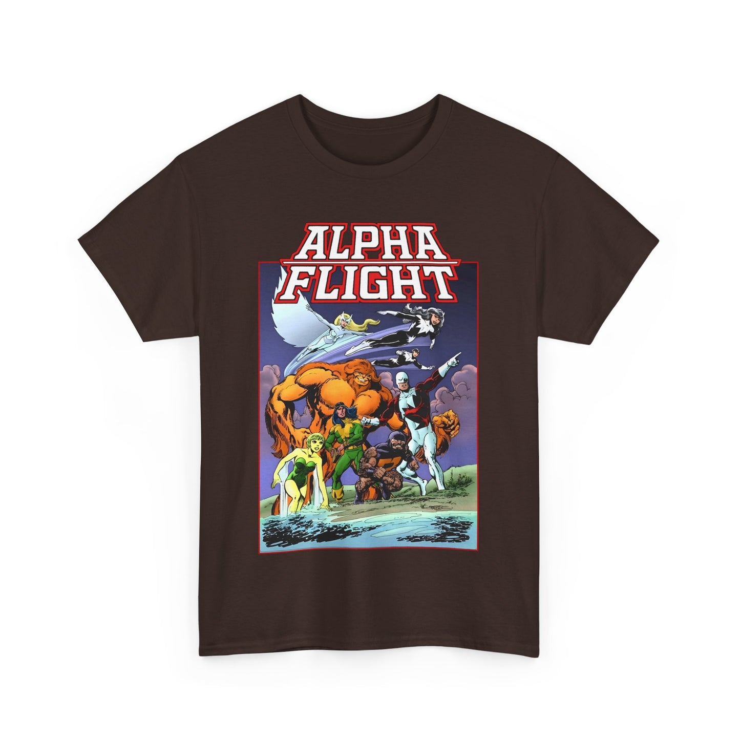Alpha Flight T-Shirt - John Byrne Art - Guardian, Aurora, Northstar, Shaman, Snowbird, Puck - Marvel Comics - Canada's Super-Team