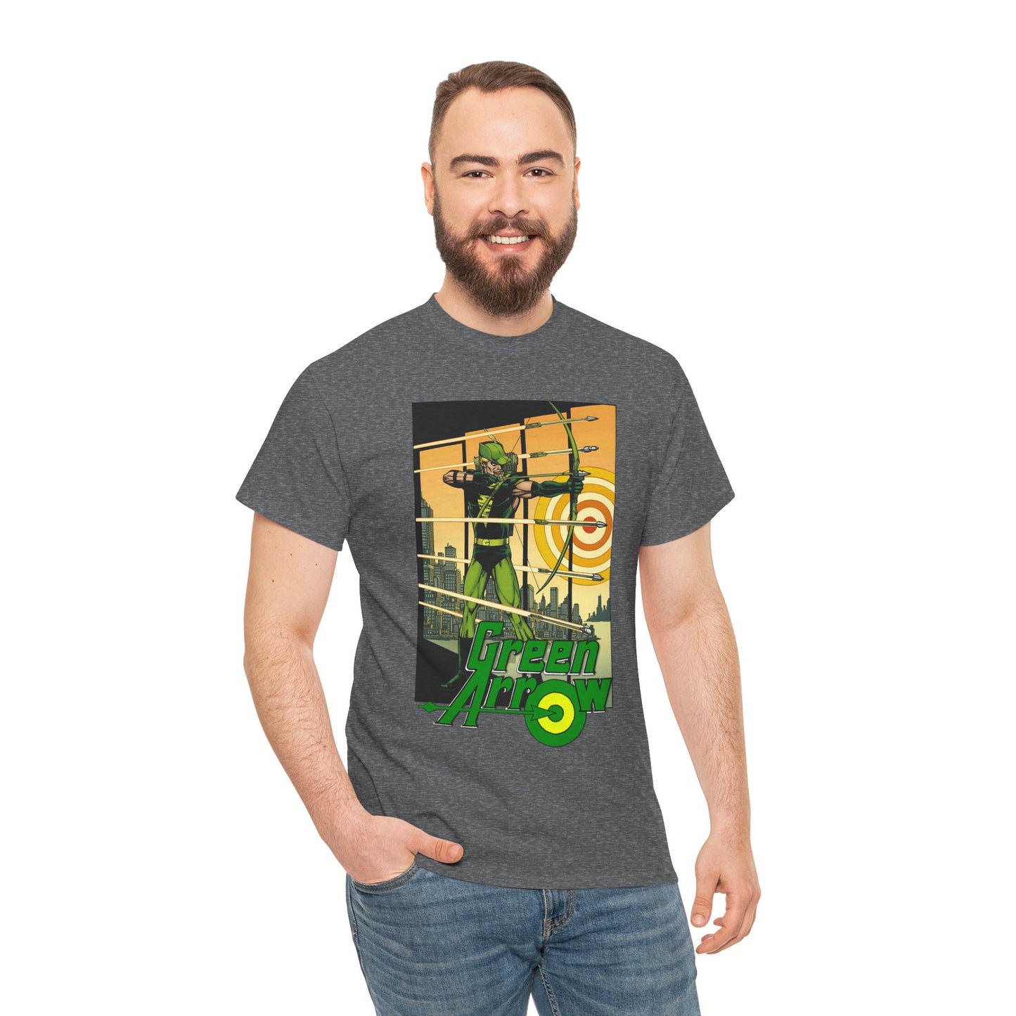 Green Arrow T-Shirt - George Perez Art - 1980s Justice League Postcard Art - JLA - DC Comics