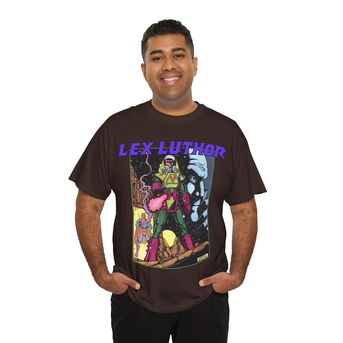 Lex Luthor T-Shirt - George Perez Art - 1980s DC Comics - Action Comics Armor - Inspiration for Super Powers Figure - Superman Enemy