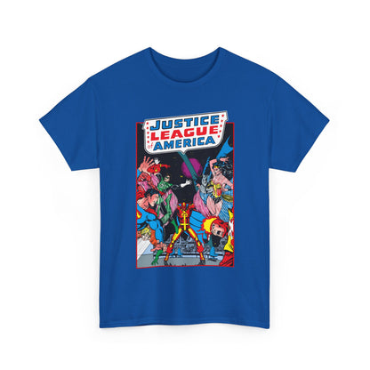 Justice League of America T-Shirt - George Perez Art - 1980s Satellite Era - Superman, Wonder Woman, Firestorm, Green Lantern, Batman - DC Comics