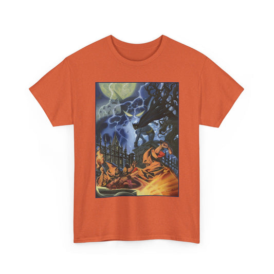 Orange t-shirt with a graphic design of Batman fighting violent cultists under a moonlit sky on a white background.