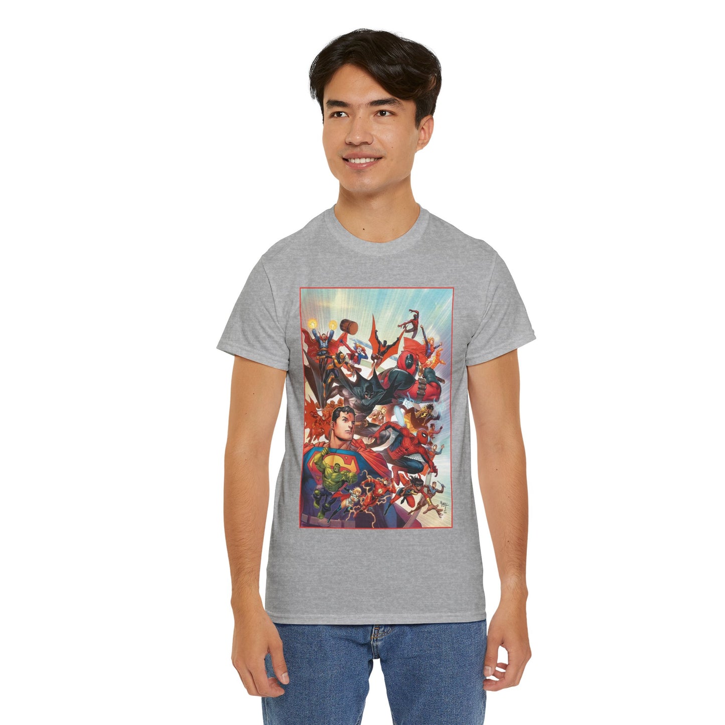 DC/Marvel T-Shirt - The Cosmic Kiss Caper & Other Stories Cover Art - Superman, Deadpool, Spider-Man, Harley Quinn, Batman Beyond, Static, Dr. Strange - DC Comics/Marvel