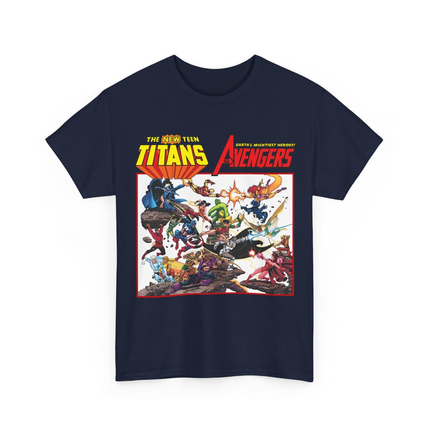 New Teen Titans Vs Avengers T-Shirt - George Perez Art - Hawkeye, Wonder Man, Raven, Starfire, Cyborg, Scarlet Witch, Wonder Girl - DC Comics & Marvel Comics