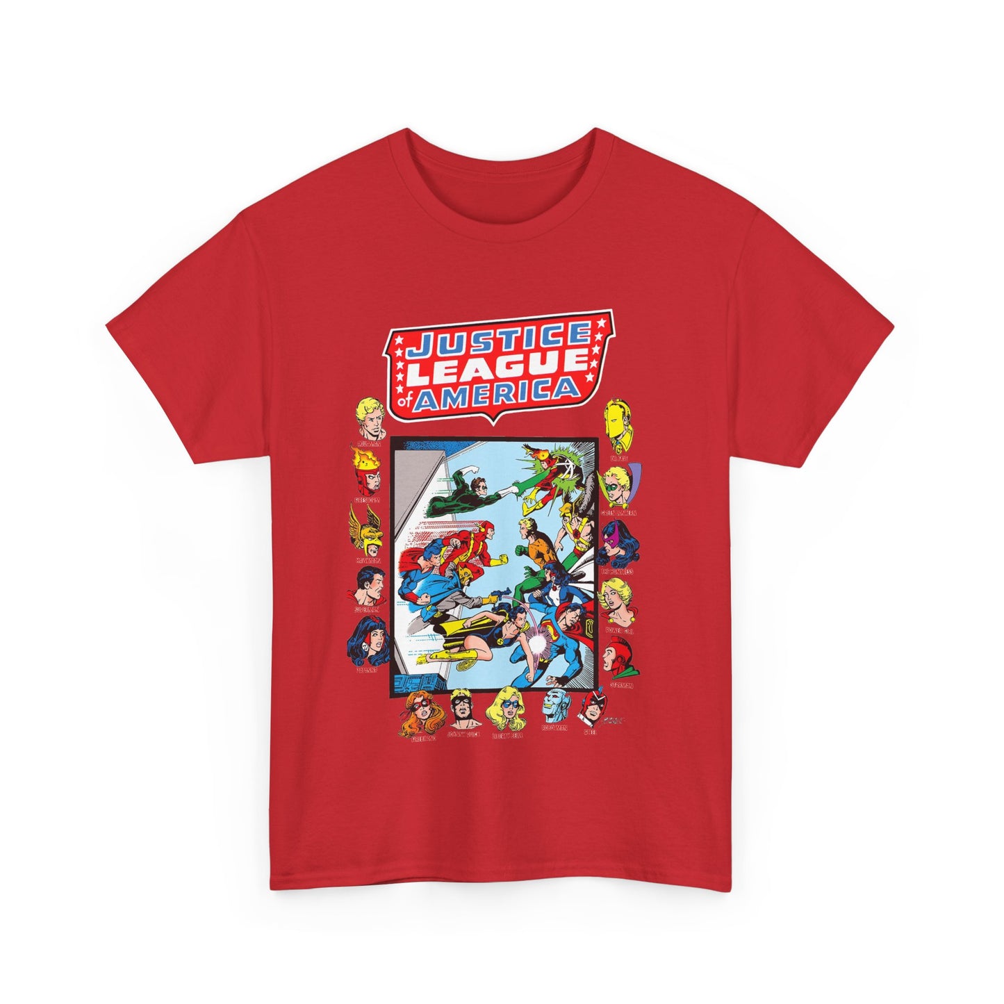 JLA & JSA T-Shirt - George Perez Art - All-Star Squadron - Firestorm, Huntress, Starman, Zatanna, Liberty Belle, Superman, Robotman, Firebrand, Dr Fate - DC Comics
