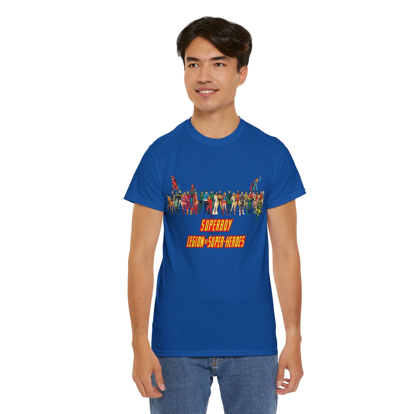 Superboy & Legion of Super-Heroes T-Shirt - 1970s DC Comics Art - Saturn Girl, Lightning Lad, Brainiac 5, Supergirl, Dawnstar, Mon-El, Bouncing Boy, Wildfire - LOSH