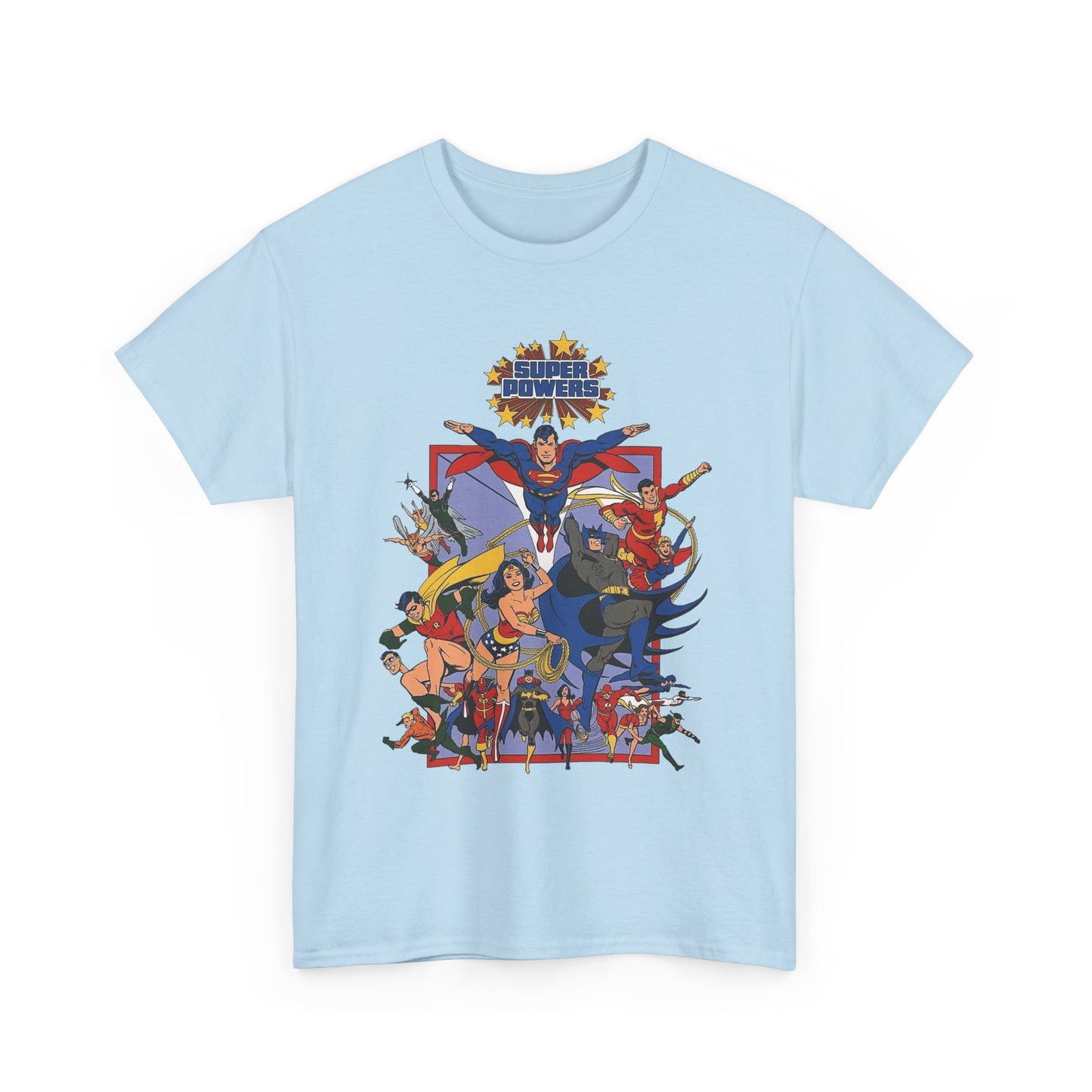 Super Powers T-Shirt - Superman, Flash, Wonder Woman, Batman, Batgirl, Robin, Plastic Man, Aquaman, Hawkman, Supergirl - 1980s Kenner Toy Line - Retro DC Comics