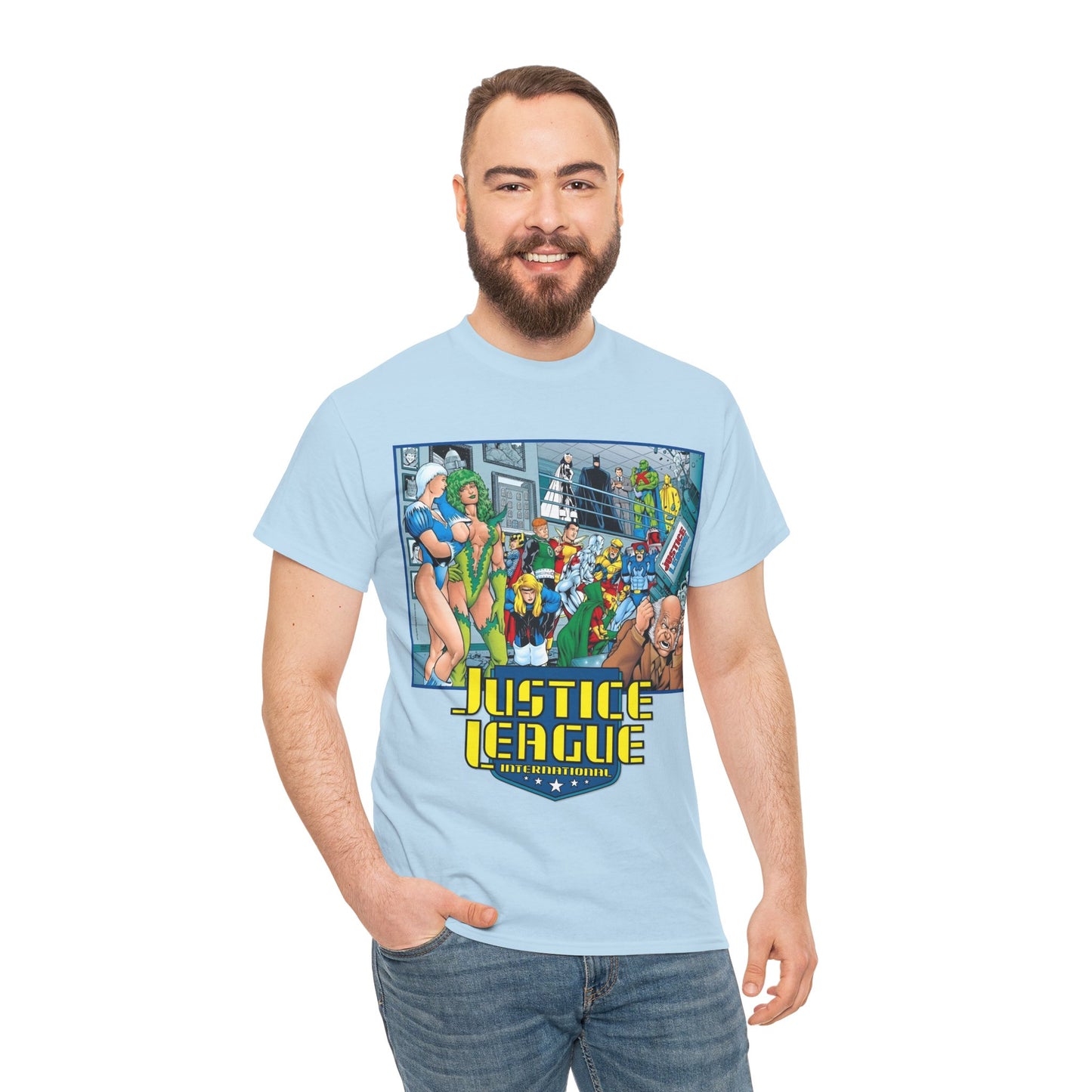 Justice League International T-Shirt - Kevin Maguire Art - Blue Beetle, Booster Gold, Martian Manhunter, Captain Atom, Batman, Fire, Ice - DC Comics - JLI