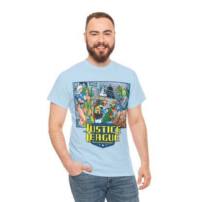 Justice League International T-Shirt - Kevin Maguire Art - Blue Beetle, Booster Gold, Martian Manhunter, Captain Atom, Batman, Fire, Ice - DC Comics - JLI