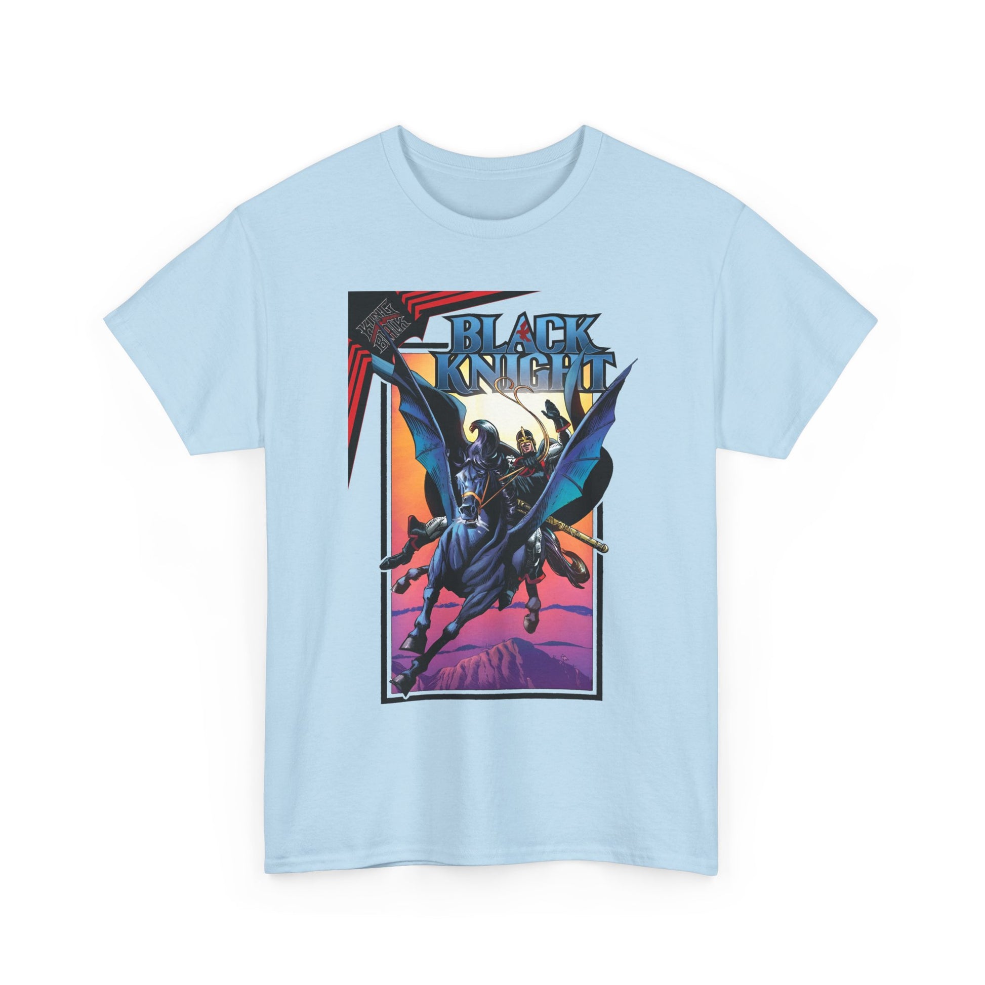 Light blue t-shirt with 'Black Knight' graphic design on a white background