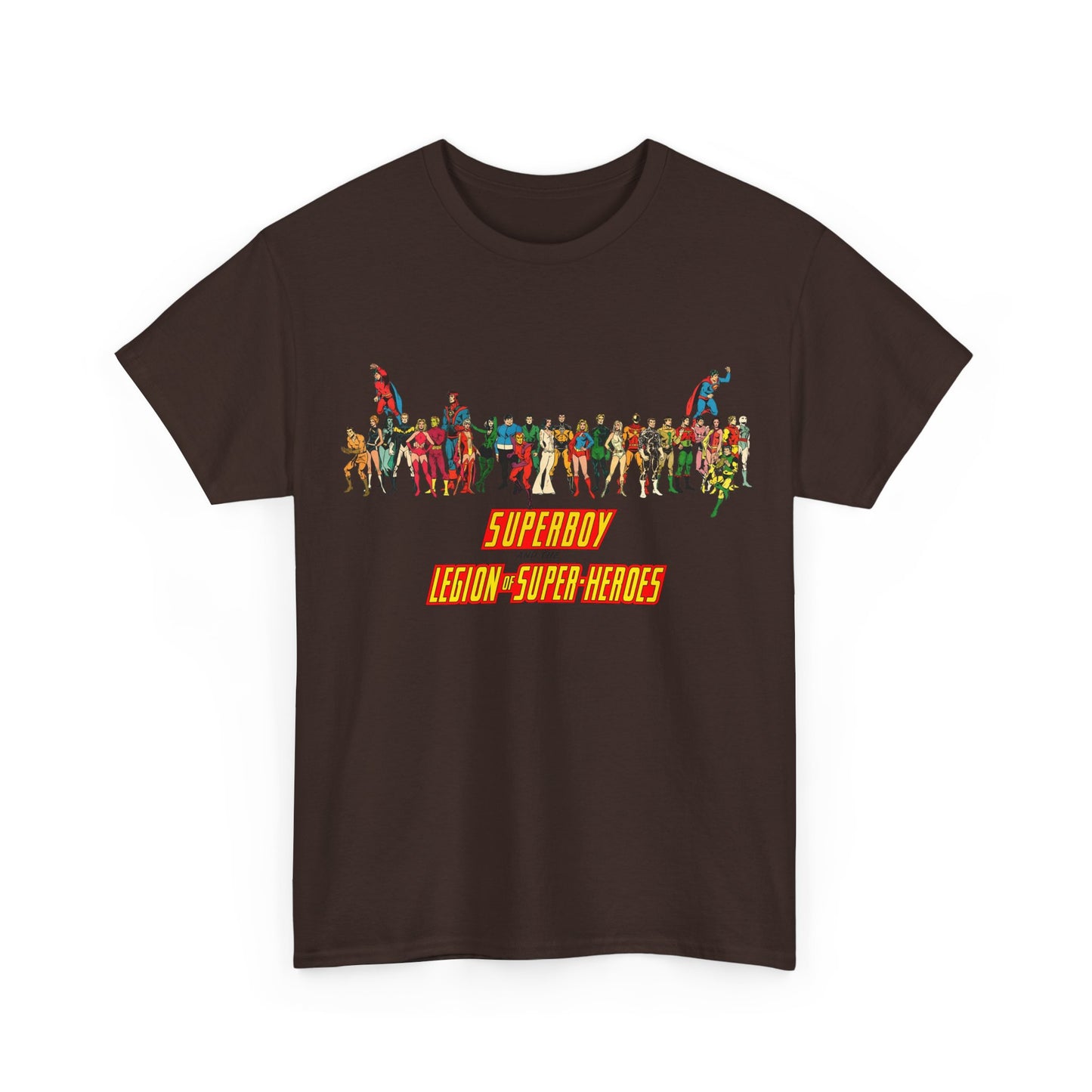 Superboy & Legion of Super-Heroes T-Shirt - 1970s DC Comics Art - Saturn Girl, Lightning Lad, Brainiac 5, Supergirl, Dawnstar, Mon-El, Bouncing Boy, Wildfire - LOSH