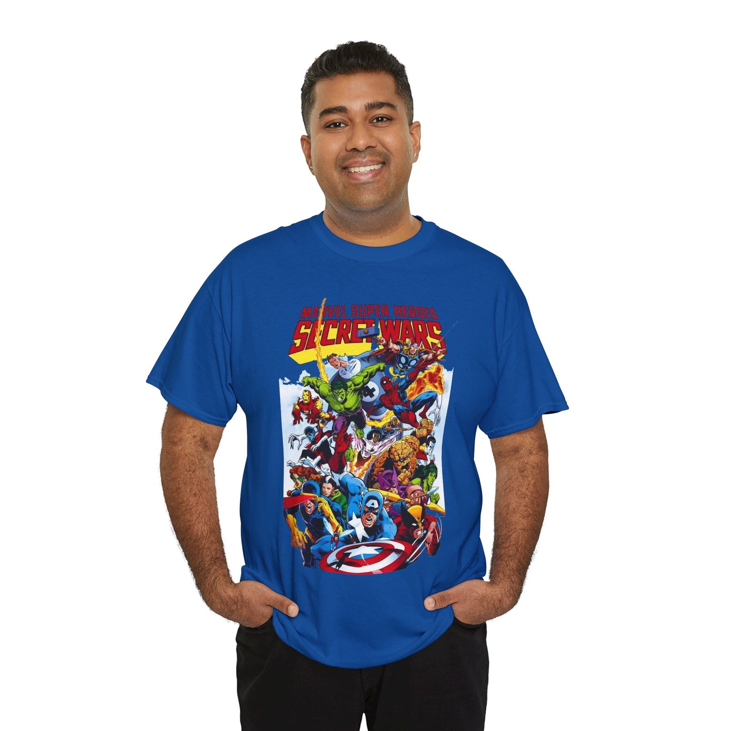 Secret Wars T-Shirt - Spider-man, Wolverine, Iron Man, Captain America, Cyclops, Rogue, Hulk, Mr Fantastic, The Thing - Classic Marvel Comics 1980s Series - The Beyonder