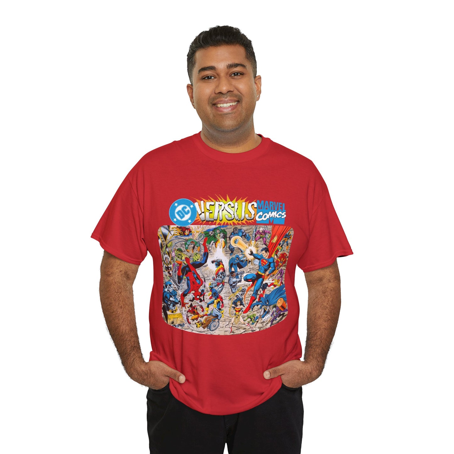 DC Comics Vs Marvel T-Shirt - John Byrne Art - Spider-Man, Raven, Cyborg, Wolverine, Joker, Superman, Batman, Deathstroke, Darkseid