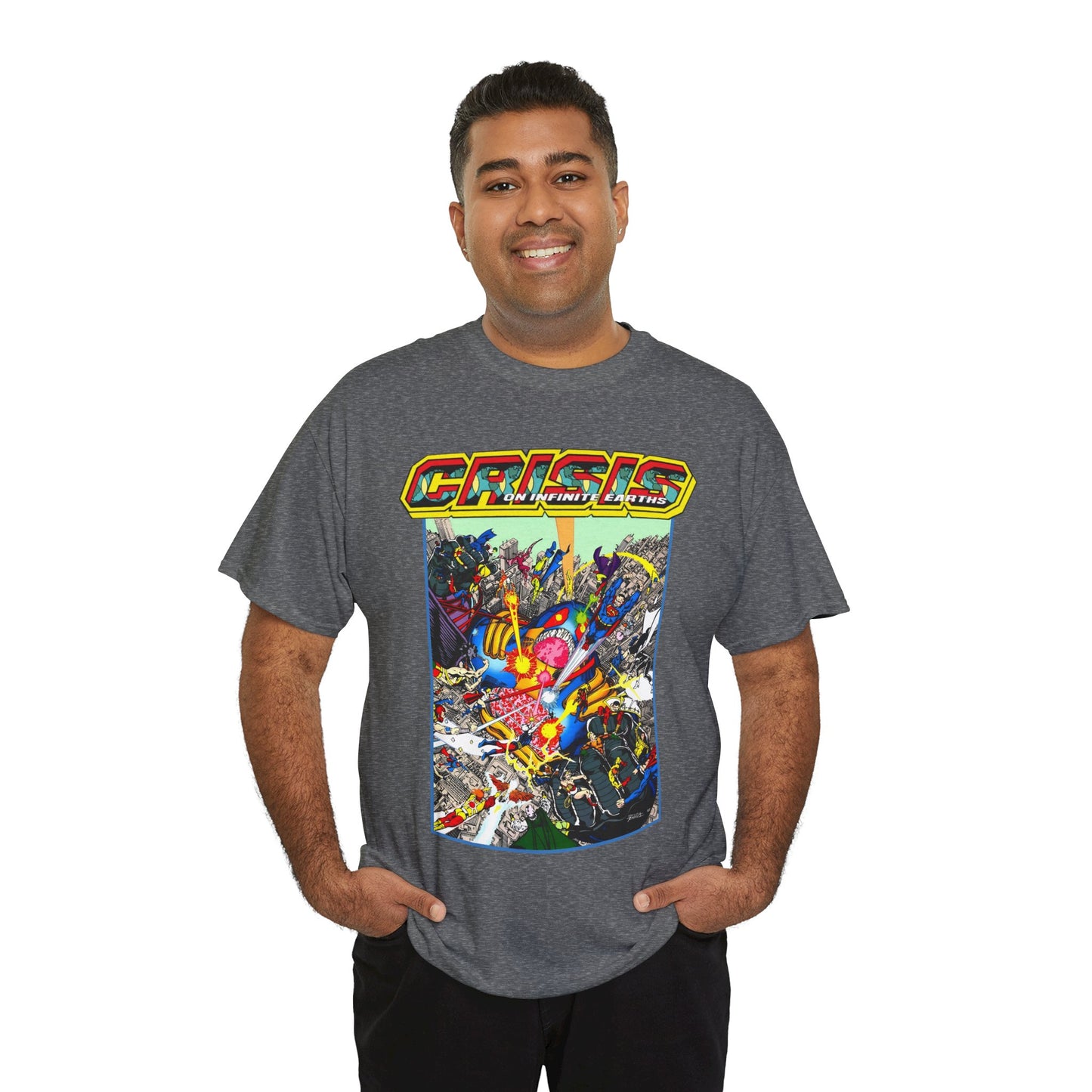 Crisis on Infinite Earths T-Shirt - George Perez Art - Superman, Firestorm, Captain Atom, Wonder Woman, Martian Manhunter Vs The Anti-Monitor - #12 Cover - DC Comics