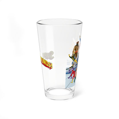 Challenge of the Super Friends Pint Glass, 16oz - Superman, Wonder Woman, Samurai, Apache Chief, Flash, Black Vulcan, Green Lantern - DC Comics, Hanna-Barbera Cartoon