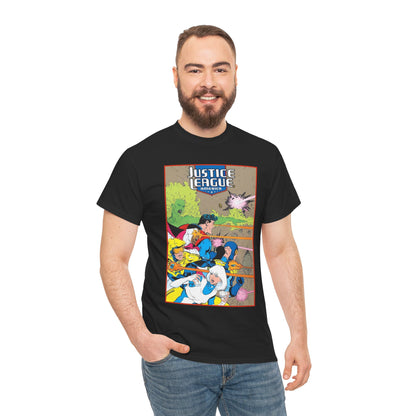 Justice League of America T-Shirt - Dan Jurgens Art - Superman, Fire, Ice, Blue Beetle, Booster Gold, Bloodwynde - DC Comics