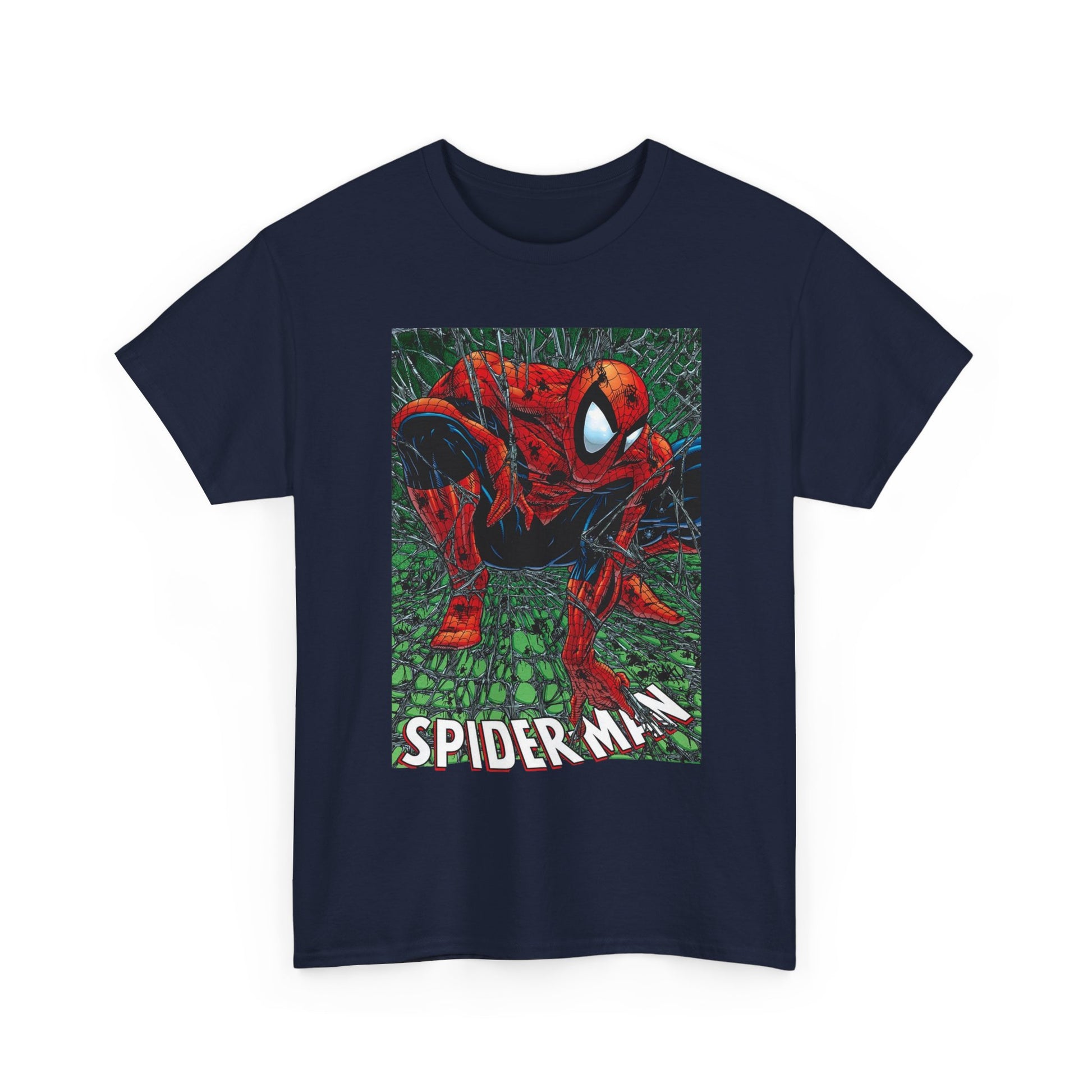 Navy blue t-shirt with Todd McFarlan'es Spider-Man graphic from Marvel Comics