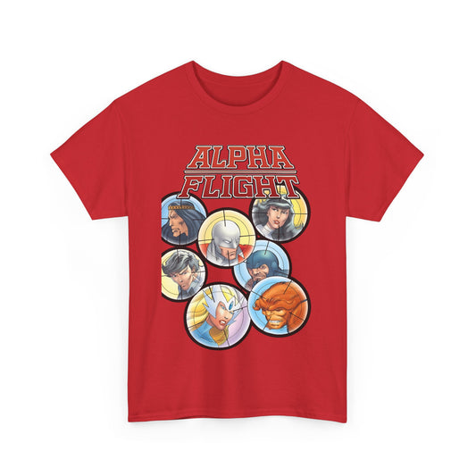 Alpha Flight T-Shirt - John Byrne Art - Guardian, Aurora, Northstar, Sasquatch, Shaman, Puck, Snowbird - Canada's Super Heroes - Marvel Comics