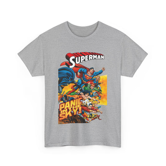 Superman - Panic in the Sky T-Shirt - Dan Jurgens Art - Vs Brainiac & Maxima - Wonder Woman, Booster Gold, Shazam, Batman, Flash, Aquaman, Supergirl - DC Comics