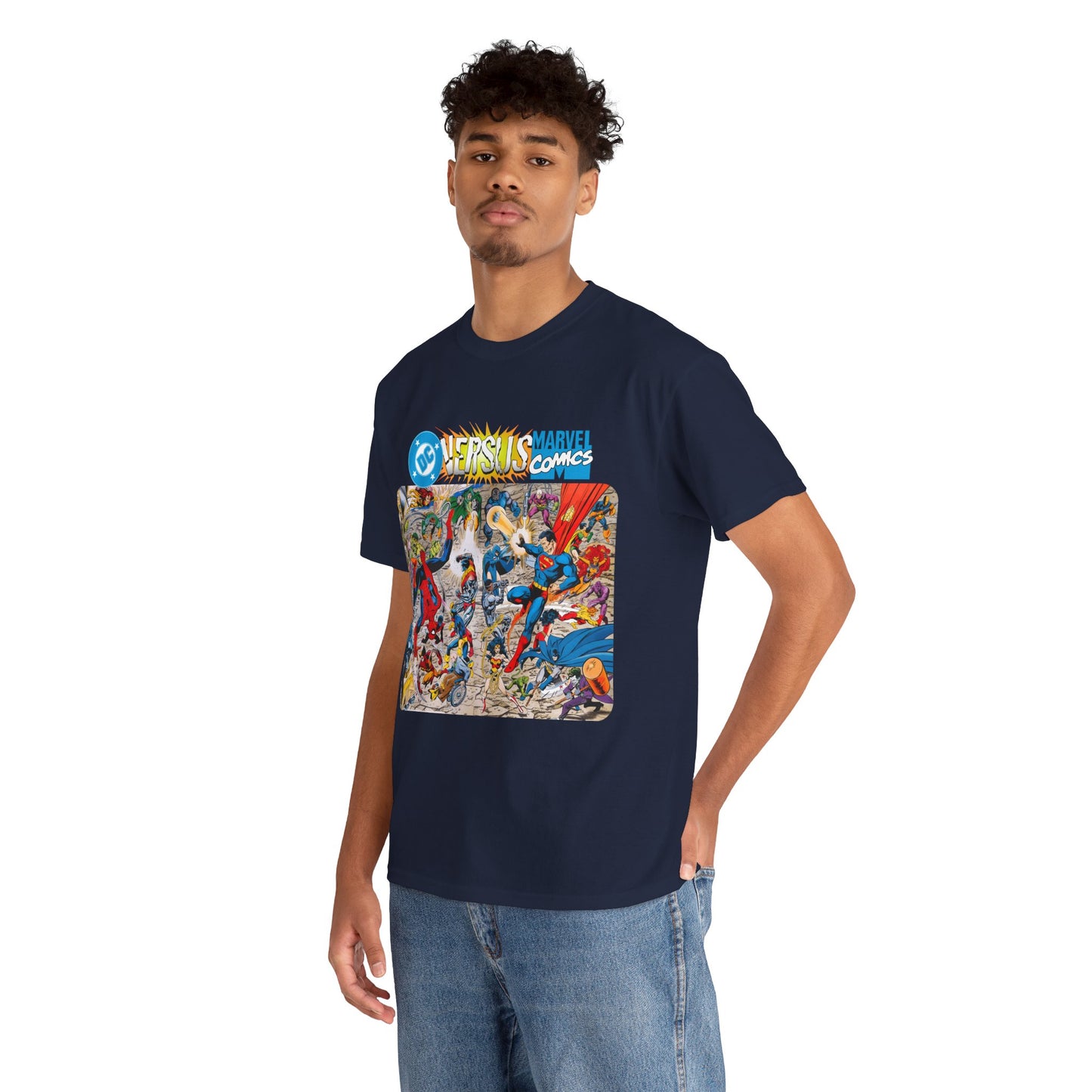 DC Comics Vs Marvel T-Shirt - John Byrne Art - Spider-Man, Raven, Cyborg, Wolverine, Joker, Superman, Batman, Deathstroke, Darkseid