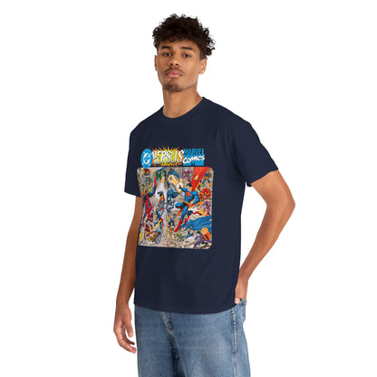 DC Comics Vs Marvel T-Shirt - John Byrne Art - Spider-Man, Raven, Cyborg, Wolverine, Joker, Superman, Batman, Deathstroke, Darkseid