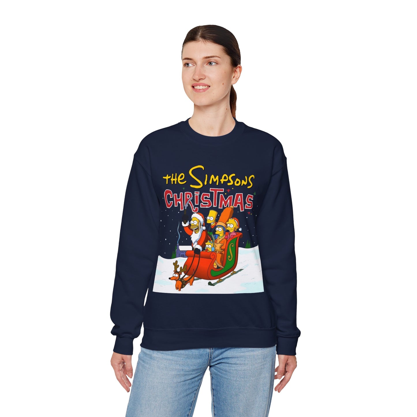 Simpsons Family Christmas Crewneck Sweatshirt - Homer, Marge, Bart, Lisa, Maggie - Riding a Christmas Sleigh Through the Winter Snow