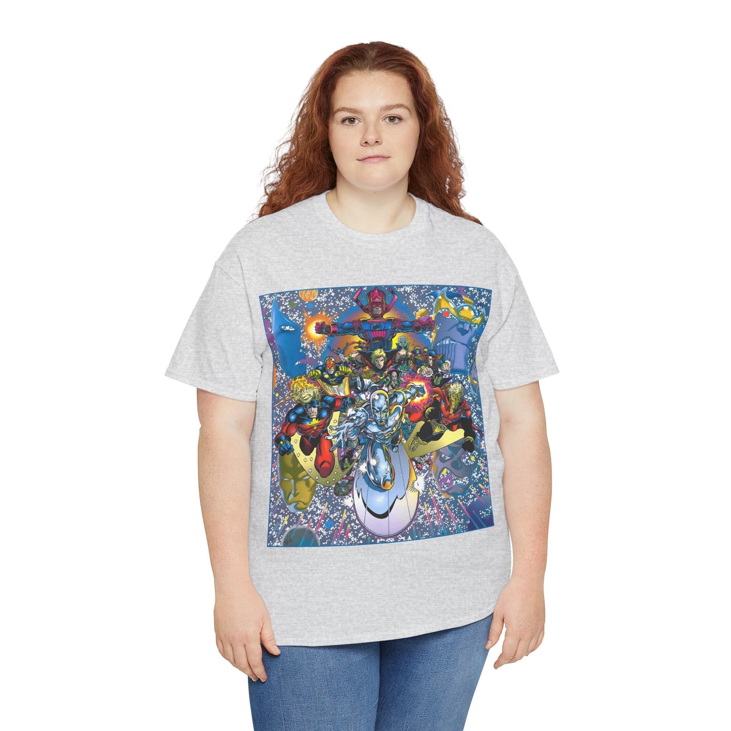 Marvel Cosmic Heroes T-Shirt - Silver Surfer, Captain Marvel, Adam Warlock, Quasar, Nova, Galactus, Jack of Hearts, Moondragon, Thanos
